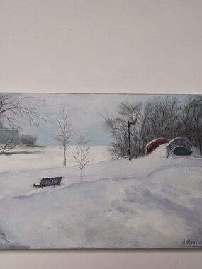 Oil painting winter landscape "Footbridge"  12"x 18"